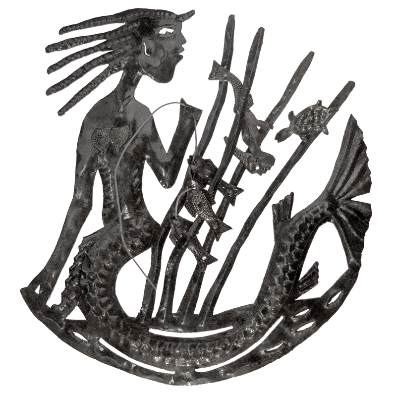 Small metal mermaid wall decor with fish motif, flowing hair and curved base