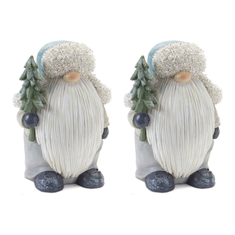 Gnome figurine pair holding glitter pine tree, white beard and gray hat