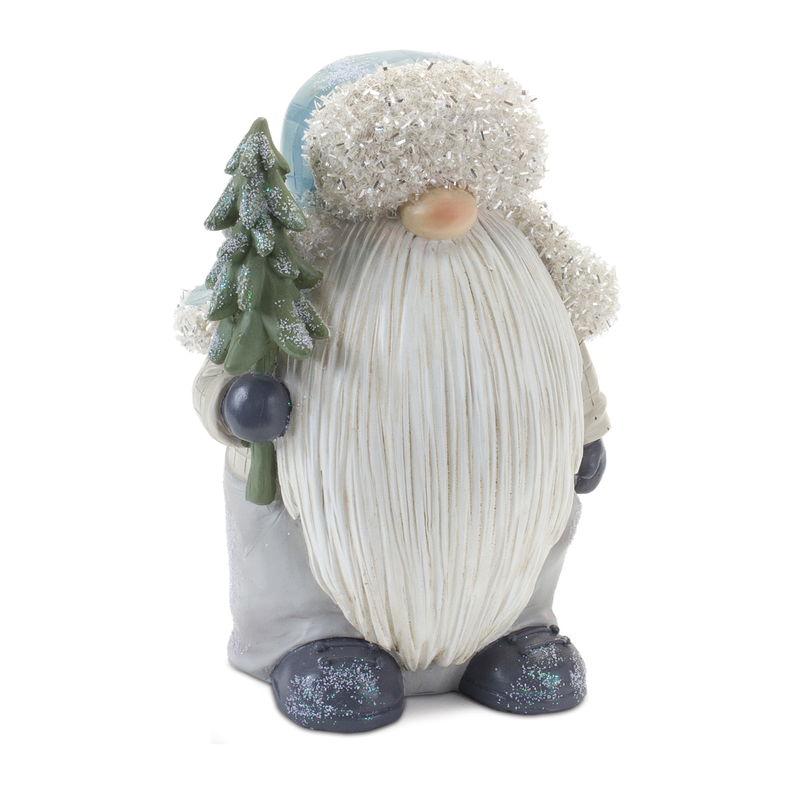 Gnome figurine holding a glitter pine tree, long white beard and gray hat