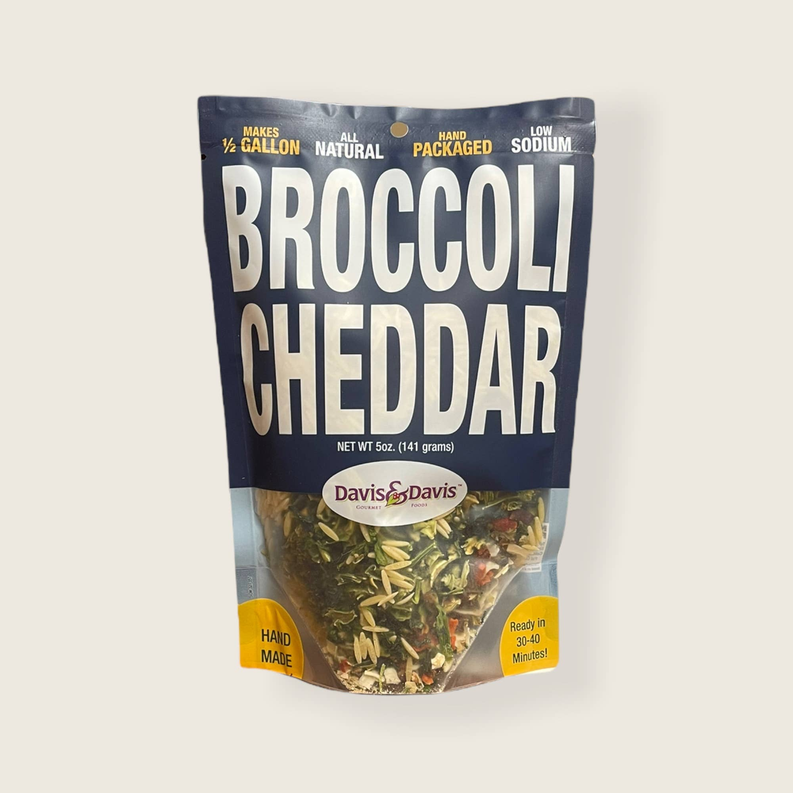 Broccoli cheddar soup mix pouch with clear window and herb mix, standing