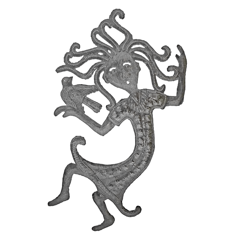 Recycled steel dancing figure ornament with starburst head and raised hands