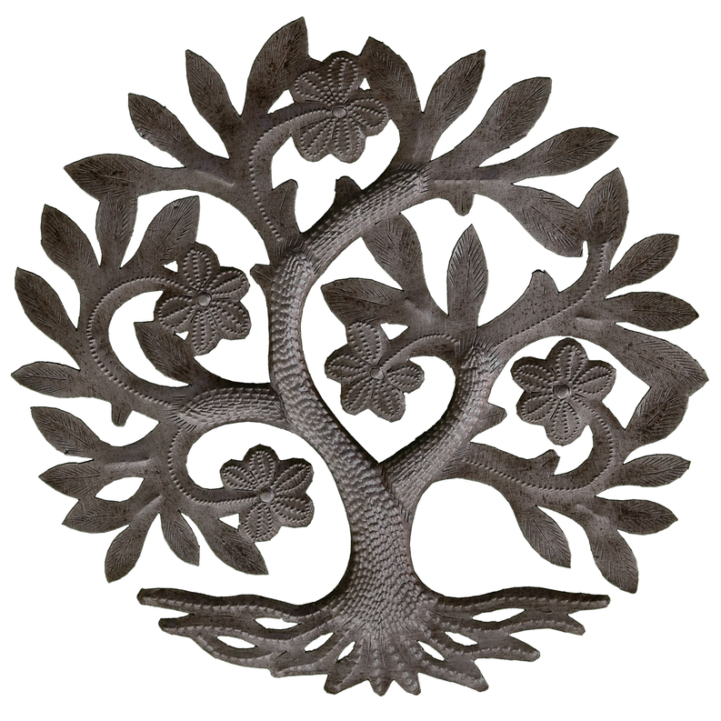 Decorative metal wall art tree with heart and flower cutouts, bronze tone