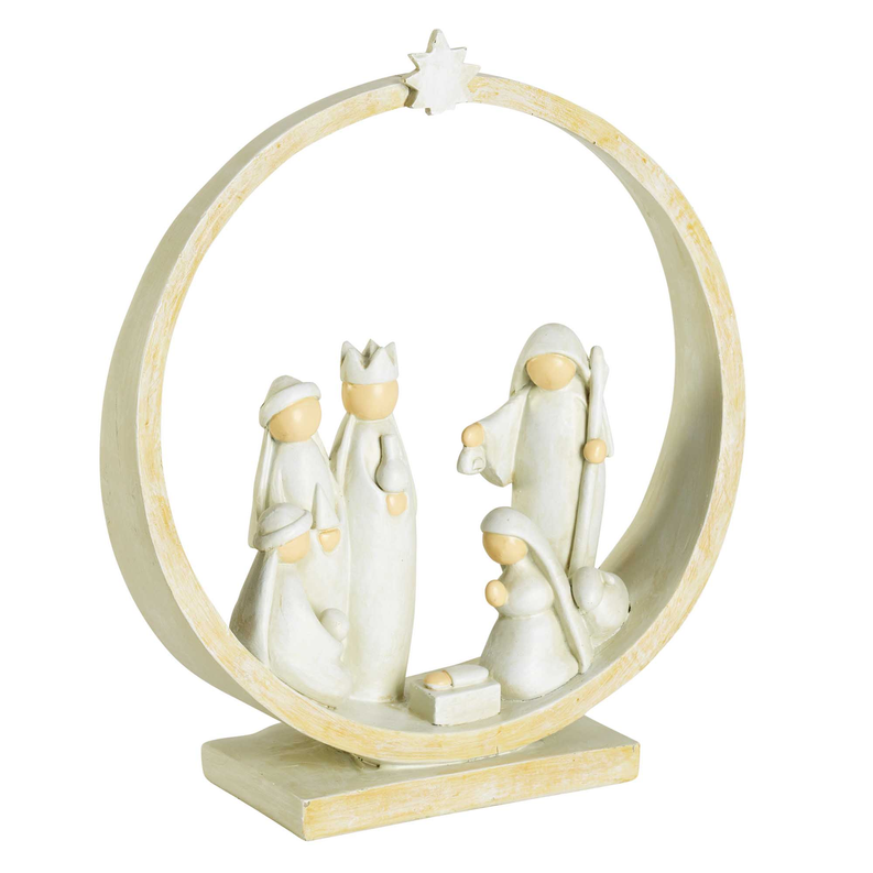 Nativity creche figurine set with three standing figures and baby in round frame