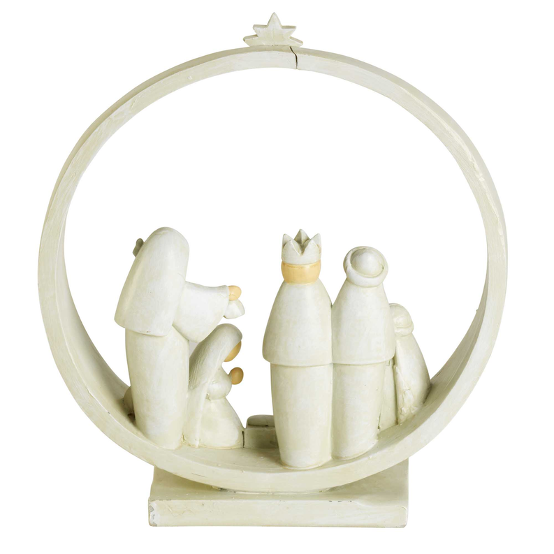 Nativity creche figurine set with kneeling and standing figures in round frame