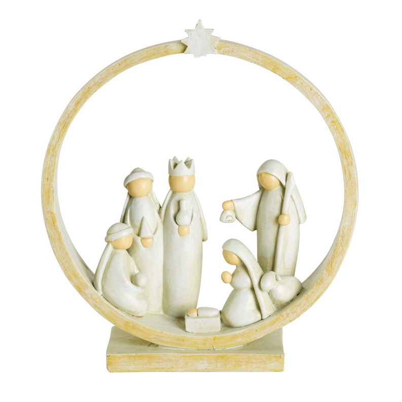 Nativity creche figurine set with star-topped circular frame and multiple figures