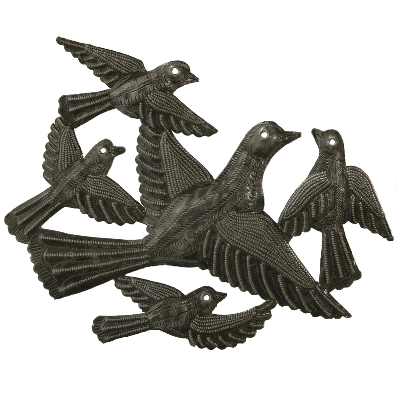Metallic dark bird flock wall decor, five small textured bird figures