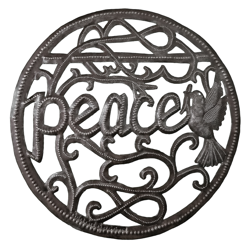 Circular peace vine metal wall decor with engraved border, peace lettering, bird on right
