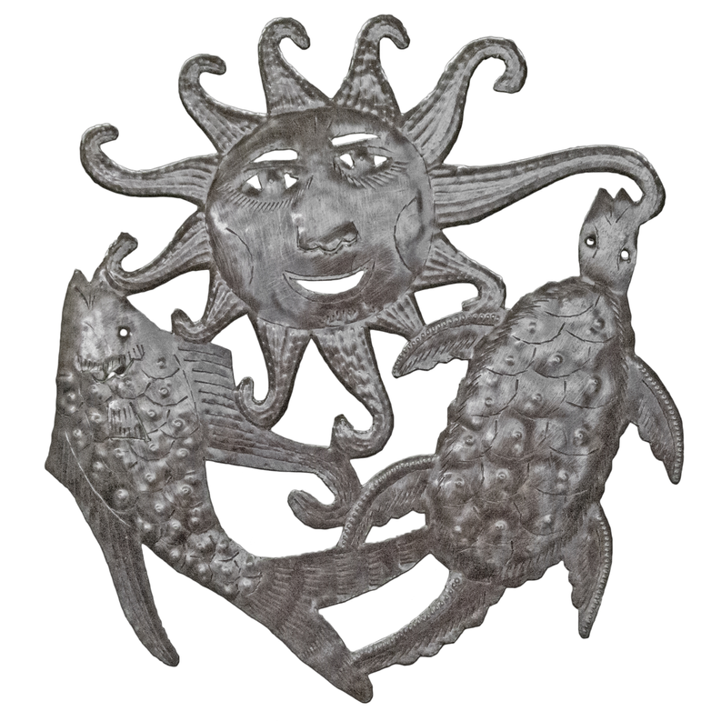 Recycled steel sun-faced ornament with fish and turtle cutouts in relief