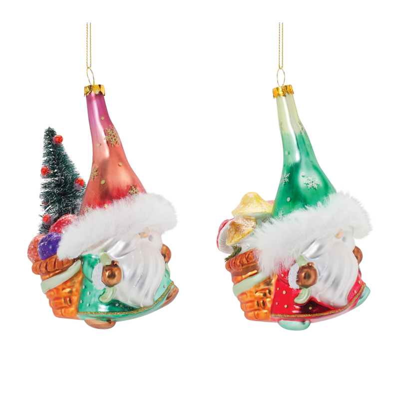 Glass Santa gnome ornaments, red and green boots with white fur trim and gold hanging loops.