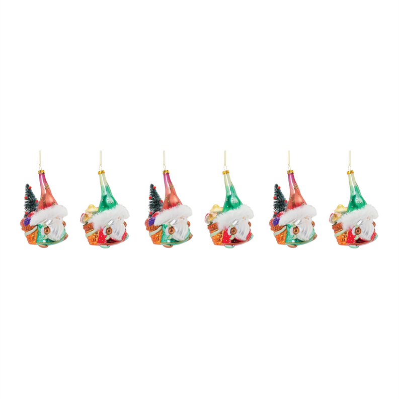 Set of glass Santa gnome ornaments in red and green with white fur trim and gold hanging loops.