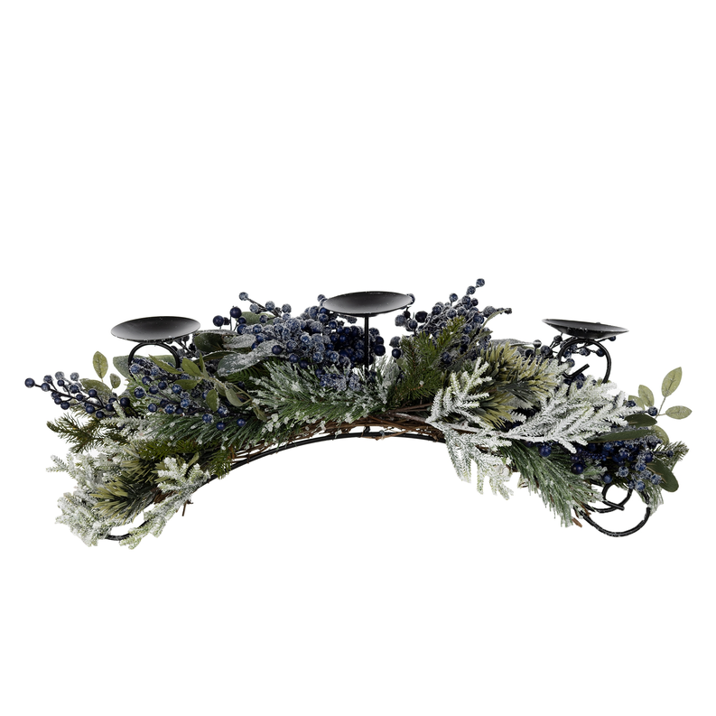 Blueberry pine centerpiece candle holder with 3 black cups and frosted greenery