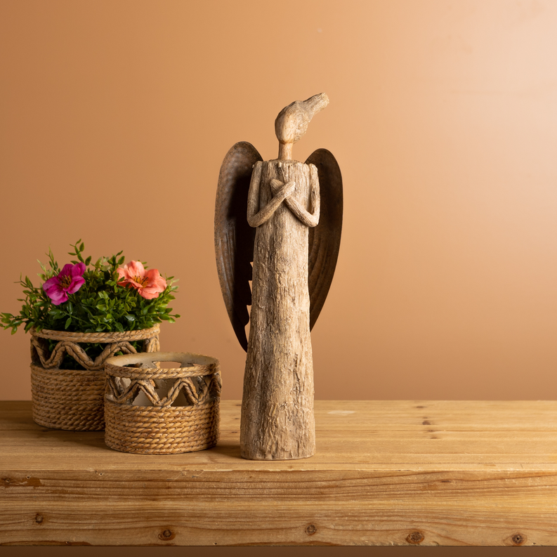 Standing angel statue with rustic wood-look finish and spread wings