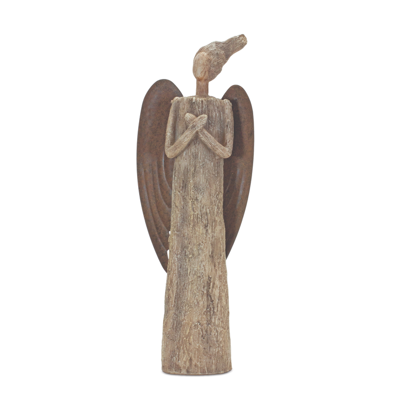 Front view standing angel statue with rustic wood-look finish and wings