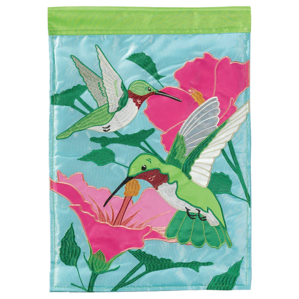 Hummingbirds garden flag with teal design, pink flowers, and three green hummingbirds