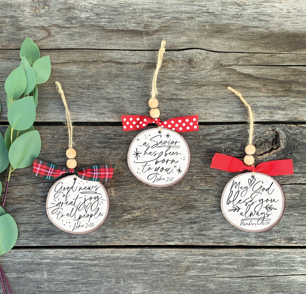 Rustic Christmas tree ornaments (3) with red polka bows and plaid details