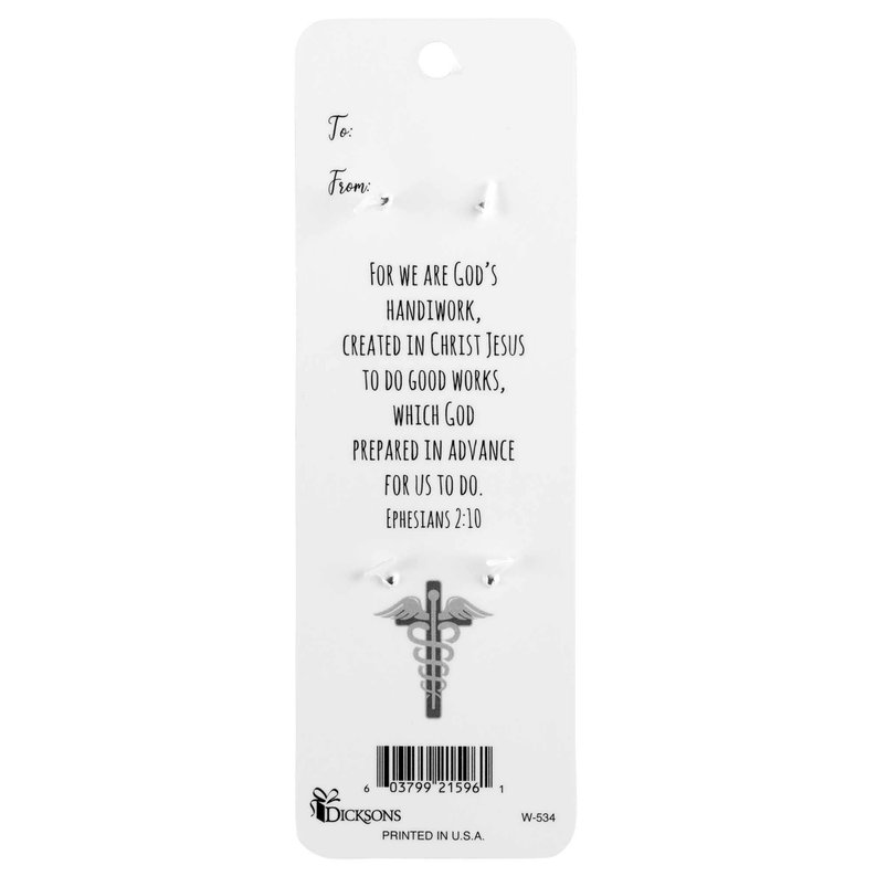 Nurse-themed ballpoint pen with caduceus graphic on white packaging tag