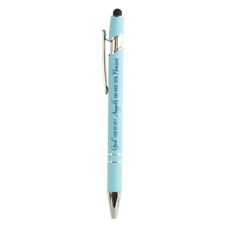 Teal nurse-themed ballpoint pen with metal clip and black clicker top