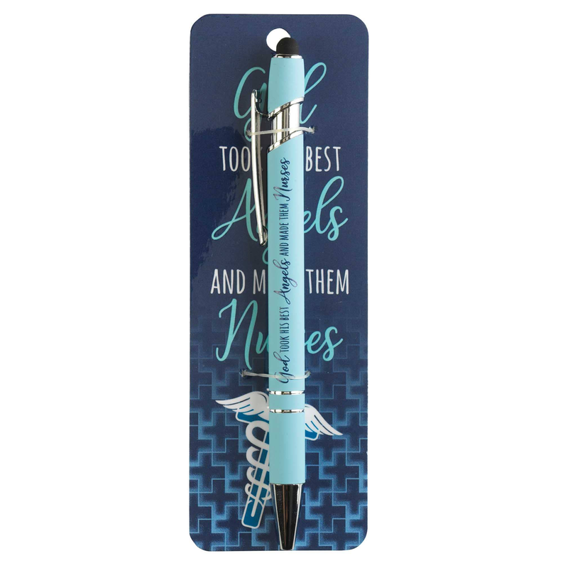 Teal nurse-themed ballpoint pen on blue patterned card with caduceus emblem