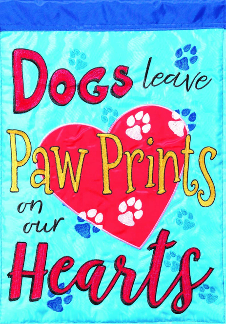 Blue polyester pet flag close-up with pawprint heart and 'Dogs leave Paw Prints on Hearts'