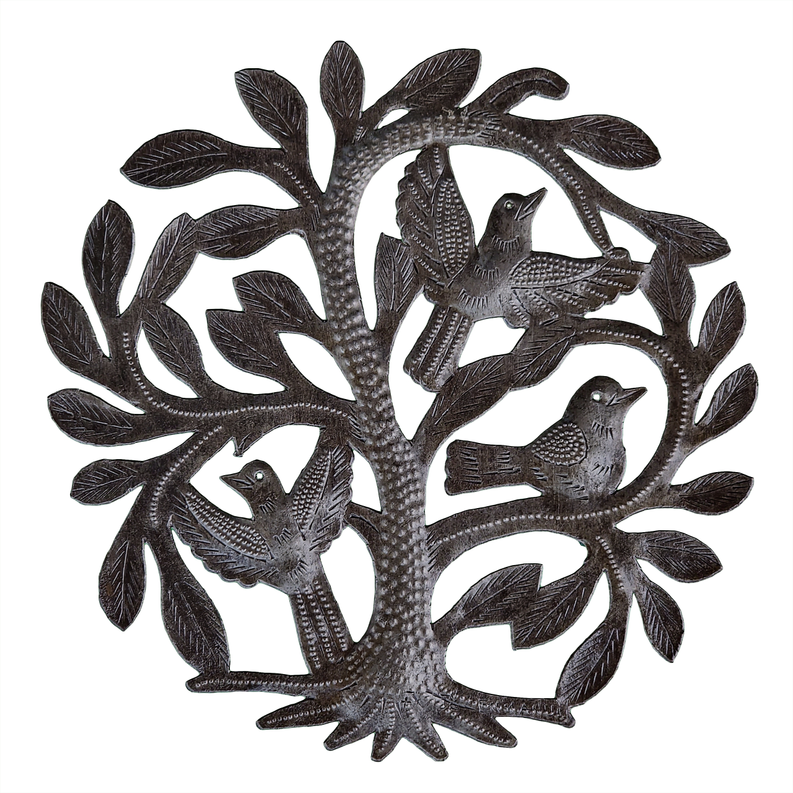 Metal wall art: tree with three perched birds and textured leaves