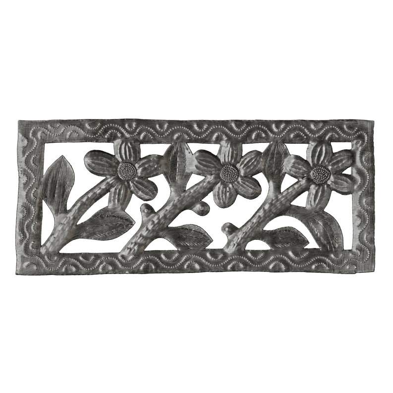 Recycled steel rectangular wall art panel with three embossed flower designs