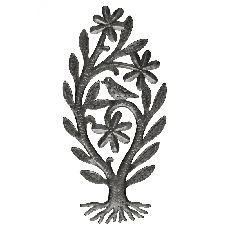 Metal bush decor panel with small bird centerpiece and leaf-and-flower ornaments