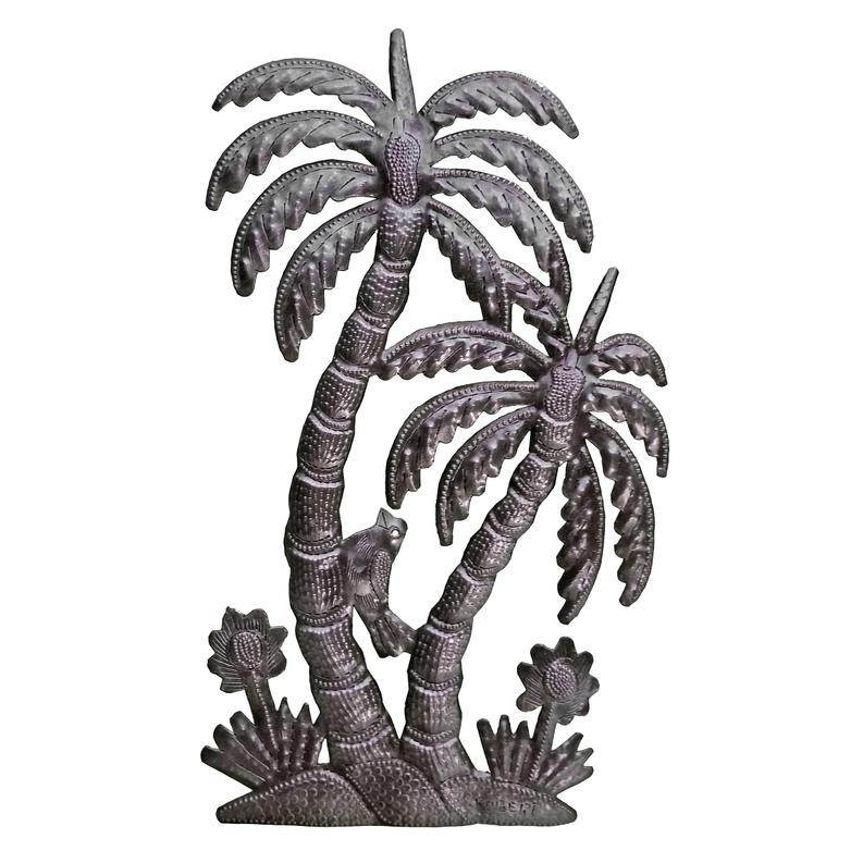 Double palm tree metal sculpture with textured trunks and layered frond leaves