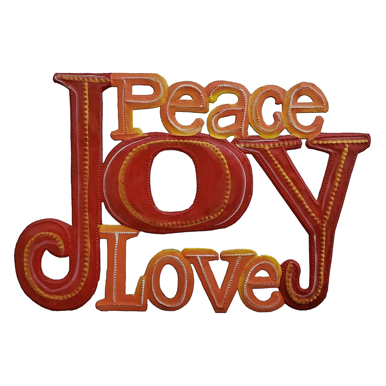Large multicolor painted word art sign reading Peace, Joy, Love