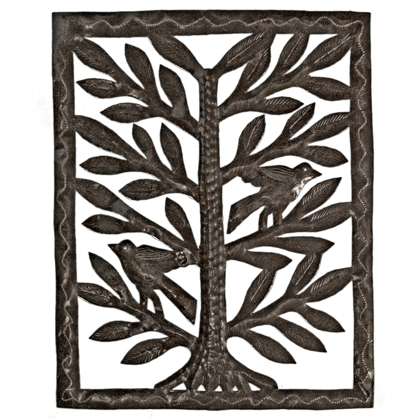 Rectangular metal wall art panel with tree and birds silhouettes