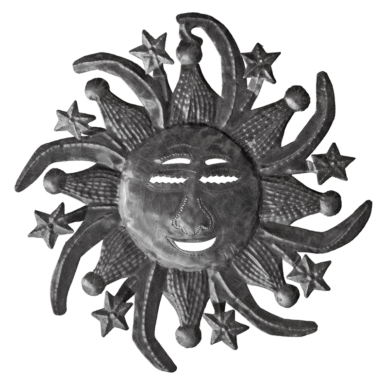 Recycled steel sun wall art with smiling face and star accents