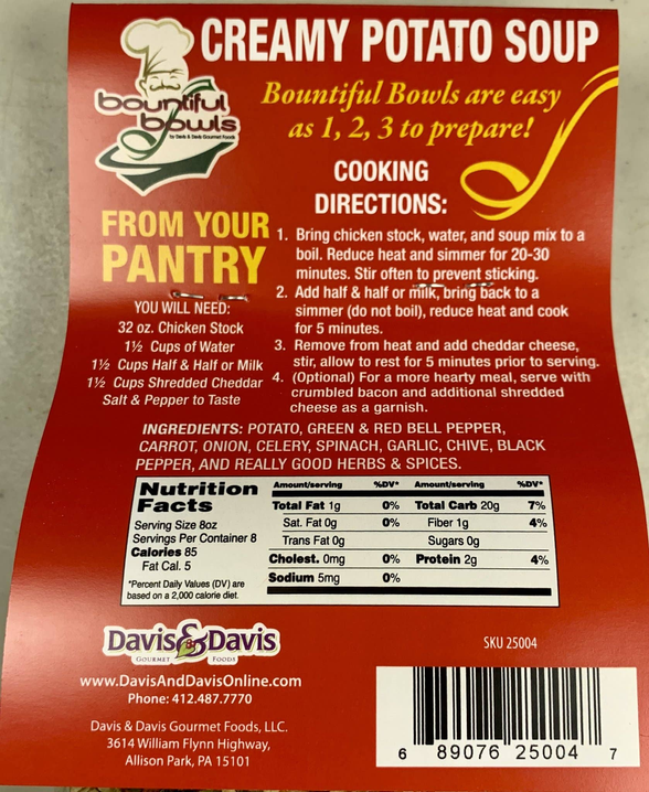 Creamy potato soup pouch with nutrition and cooking directions panel