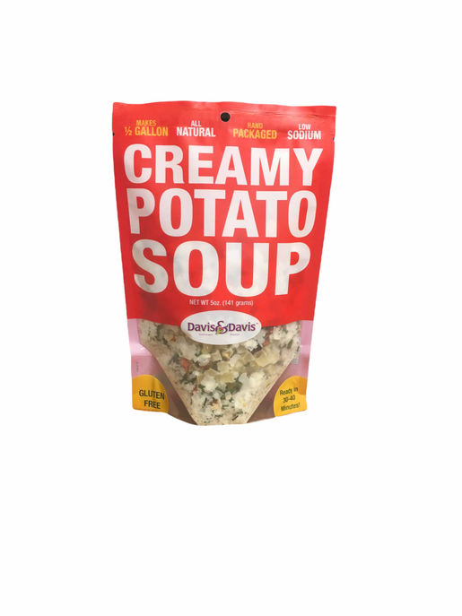 Creamy potato soup pouch, red and white front label