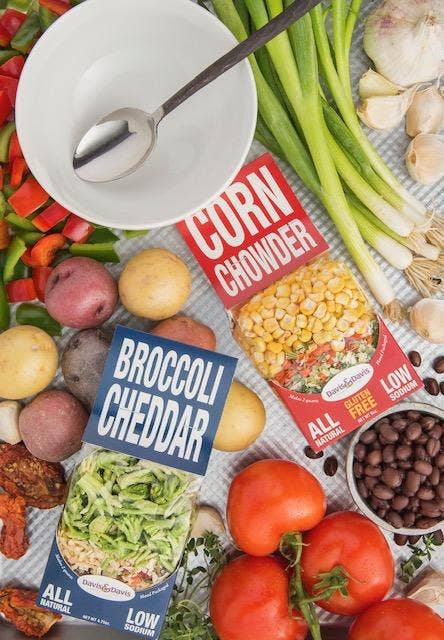 Packaged soup mix pouches with vegetables and potatoes