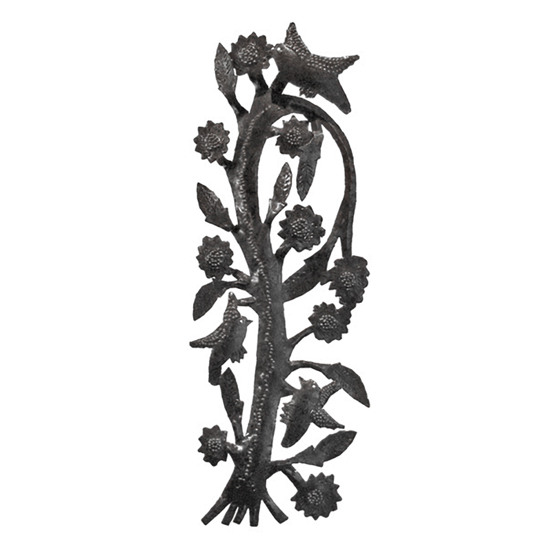 Dark metal tree wall sculpture with birds, leaves, and flowers