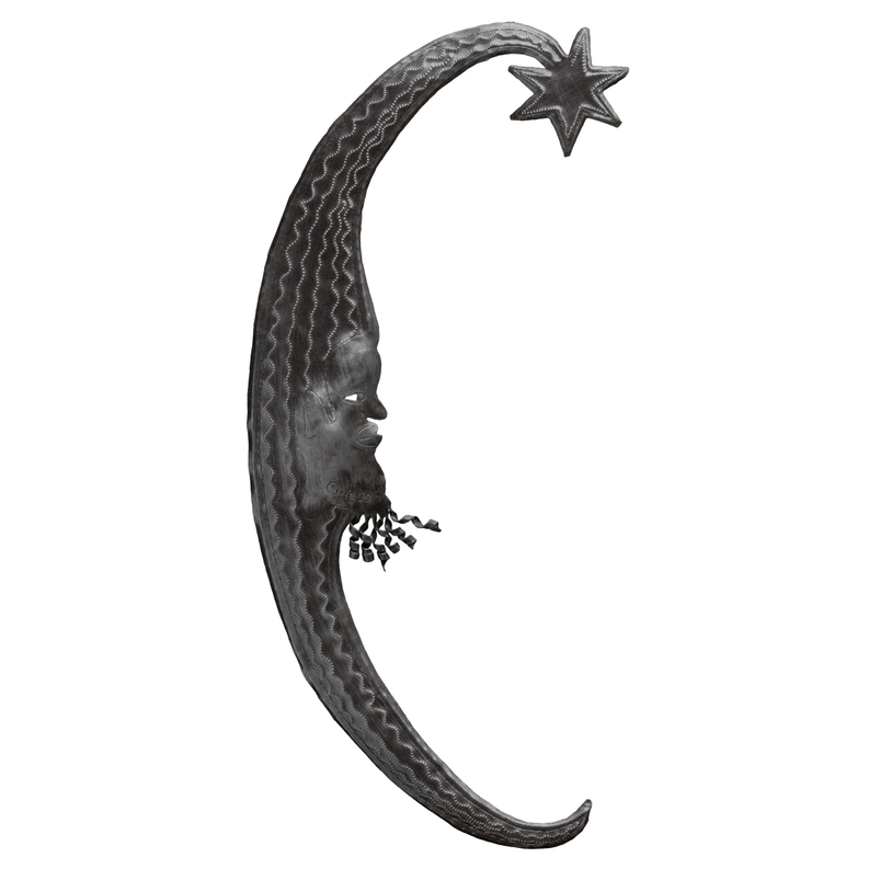 Hammered dark metal crescent moon decoration with star and small hanging whiskers charm