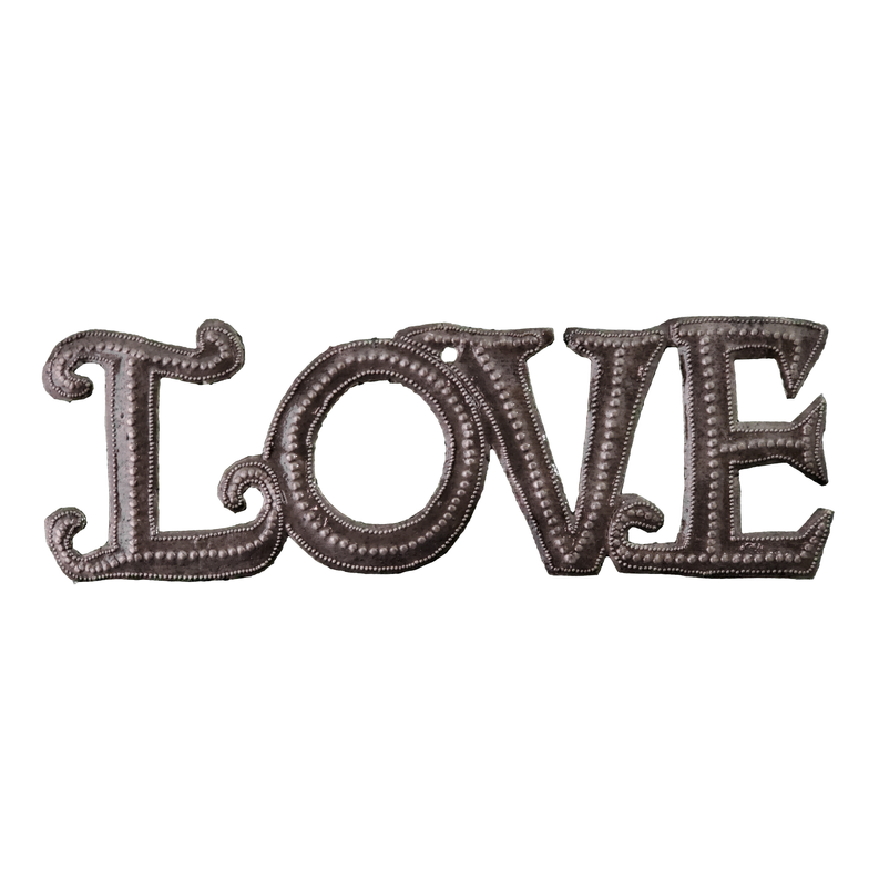 Metal LOVE letters decoration in dark silver finish, beaded texture