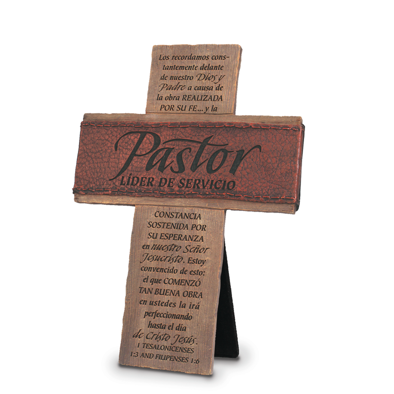 Wooden cross plaque with Pastor Lider de Servicio text