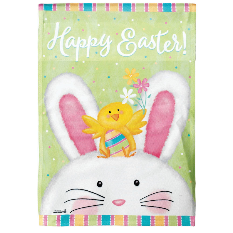 Green Happy Easter banner with white bunny face and yellow chick