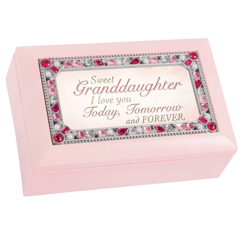 Pink keepsake box with rhinestone photo frame and 'Sweet Granddaughter' quote