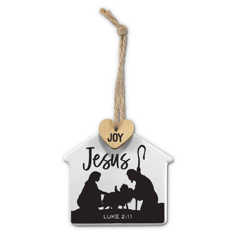 Wooden stable ornament tag with twine hanger, "Joy" "Jesus" silhouettes, Luke 2:11