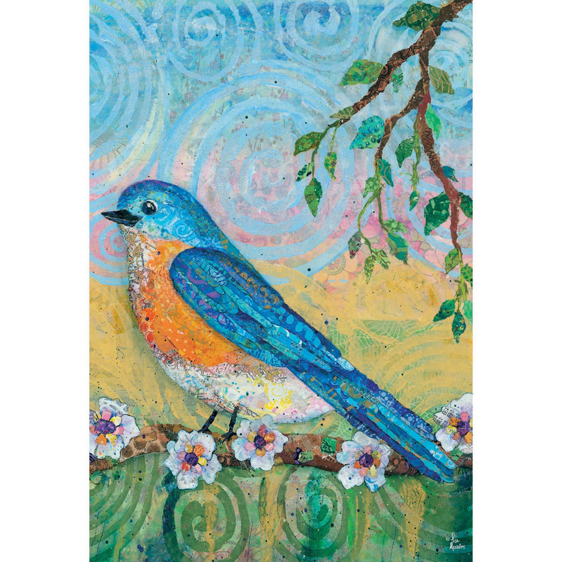 Bird flag with colorful blue-and-orange bird, flowers, vines, and abstract swirls