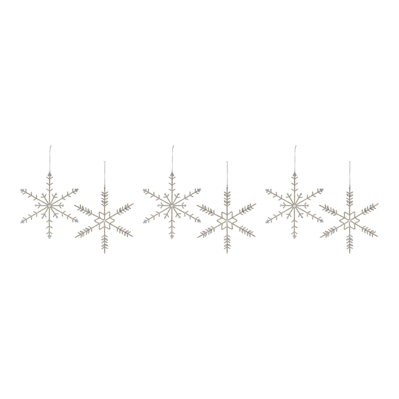 Jeweled metal snowflake ornaments with dangling hooks, set of several silver flakes.