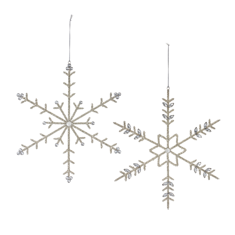 Silver jeweled metal snowflake ornament with hanging loop and sparkling center detail.