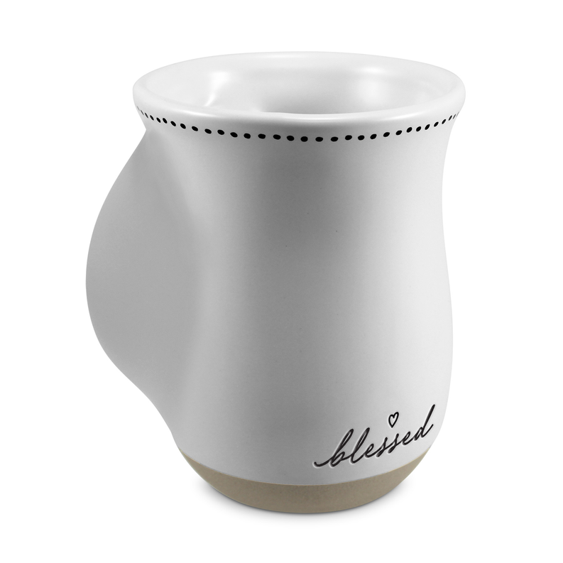 White Blessed handwarmer mug with side 'blessed' script and perforated top rim