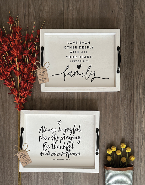 Two faith trays with white frames; black quotes, one 'family' and one scripture cursive.