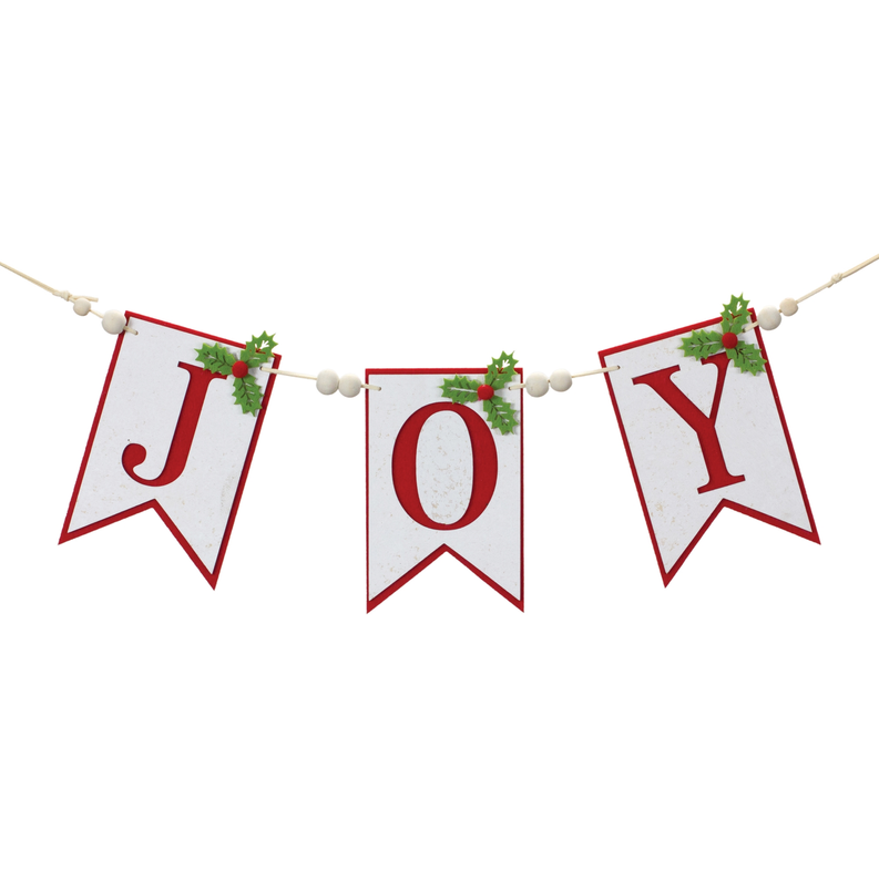 Joy holiday banner garland with red pennant flags and green holly accents