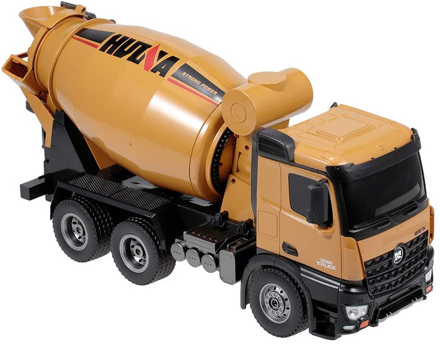 RC cement mixer truck model with tan barrel and black cab, six-wheel trailer