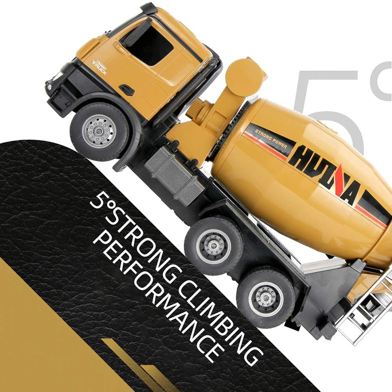 RC cement mixer truck with tan drum and black chassis, side view with support ladder