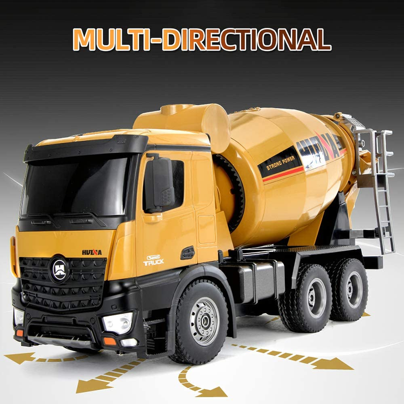 RC cement mixer truck with tan mixing drum, black ladder and extended side frame