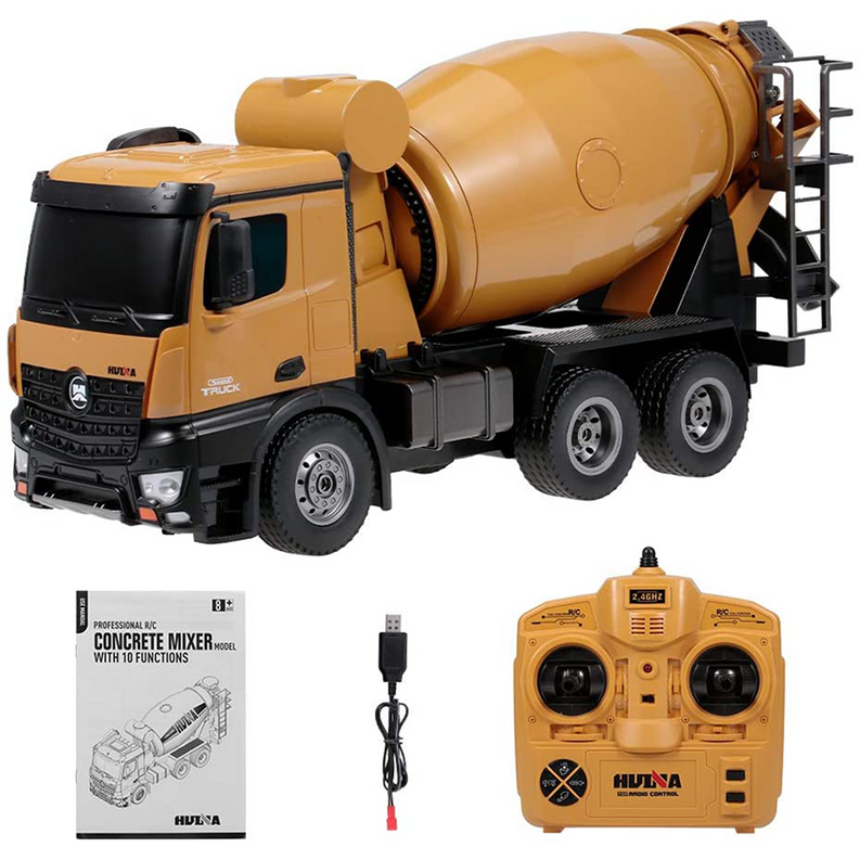 RC cement mixer truck with tan drum, plus remote controller and instruction booklet